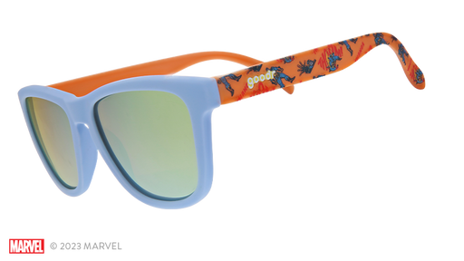 Snap Survivor Shades | Blue and orange frames with Marvel Comics Villian Thanos print with gold reflective lenses | Licensed Collectible Marvel goodr sunglasses