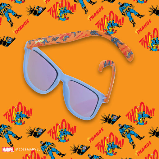 Snap Survivor Shades | Blue and orange frames with Marvel Comics Villian Thanos print with gold reflective lenses | Licensed Collectible Marvel goodr sunglasses